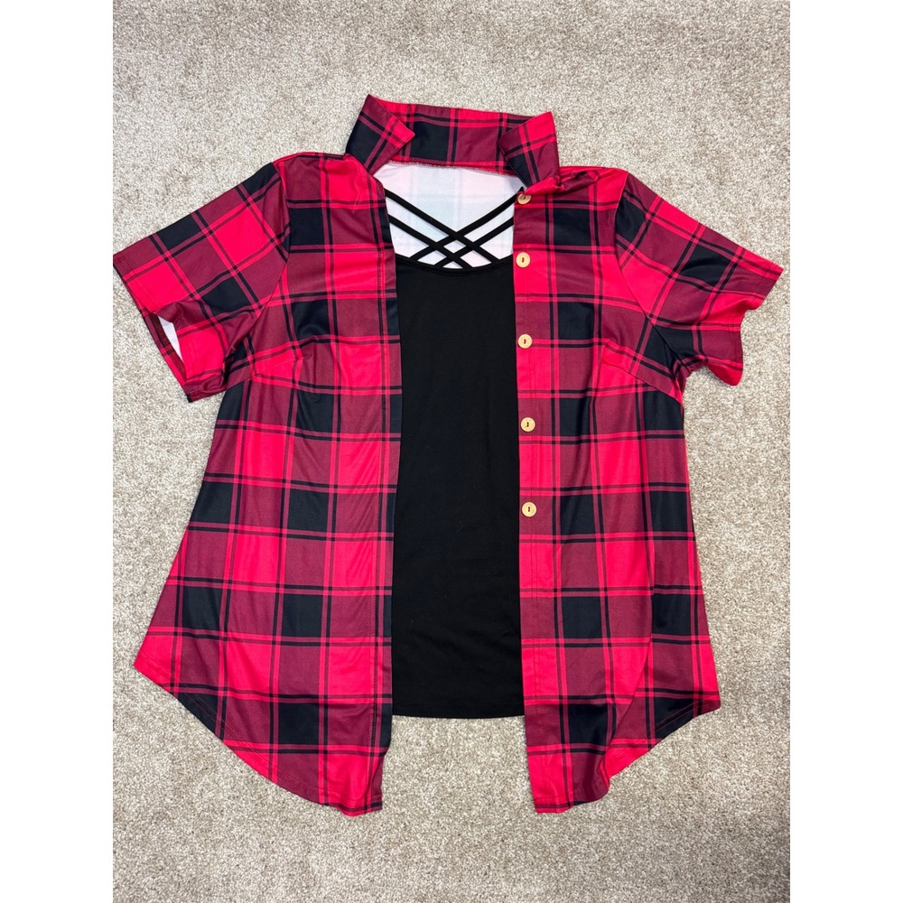 Shein Curve Red Black Plaid 2-in-1 Criss Cross Neck Sharkbite Top 3XL